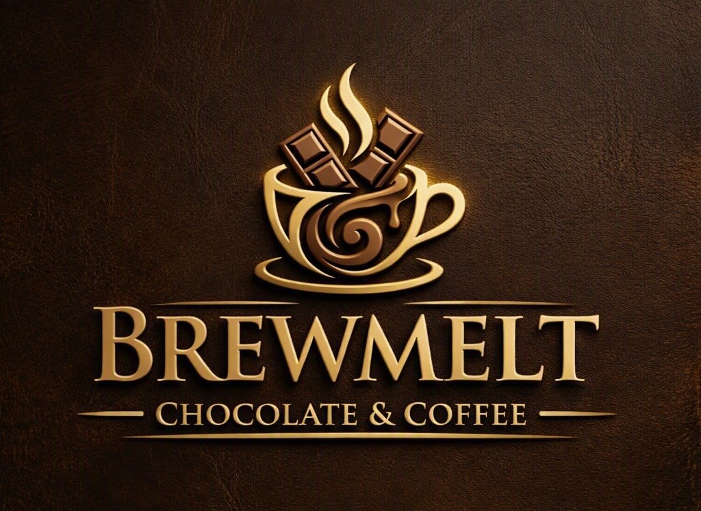 Brewmelt Chocolate & Coffee logo in gold on brown leather