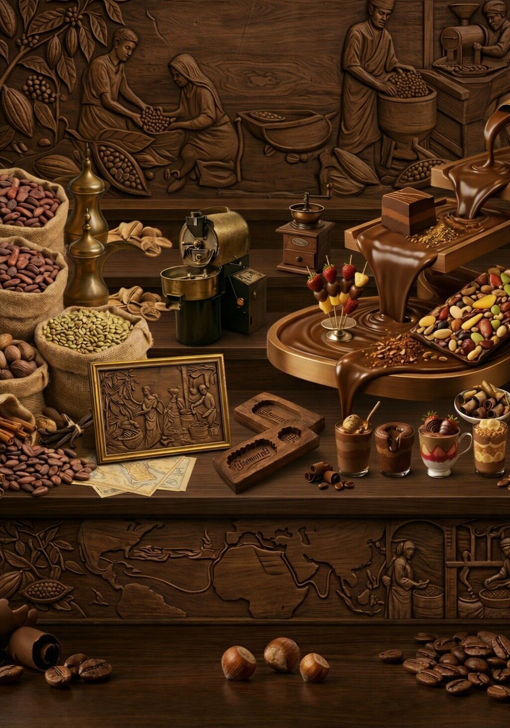 Carved wooden mural of cocoa farming above sacks of cocoa and coffee beans, flowing chocolate and desserts